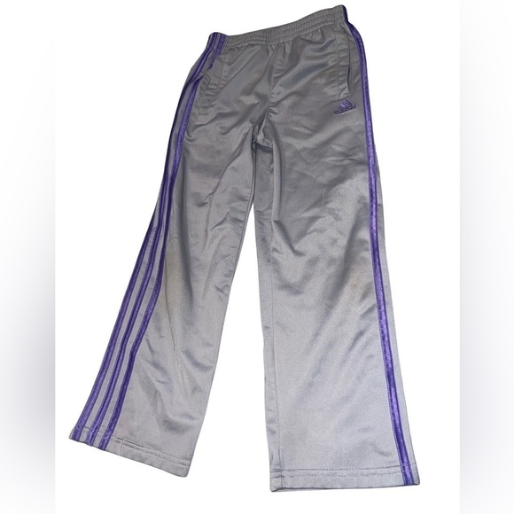 Adidas Girls work out athletic lounge pants grey gray with purple stripe 6X. - Picture 3 of 12